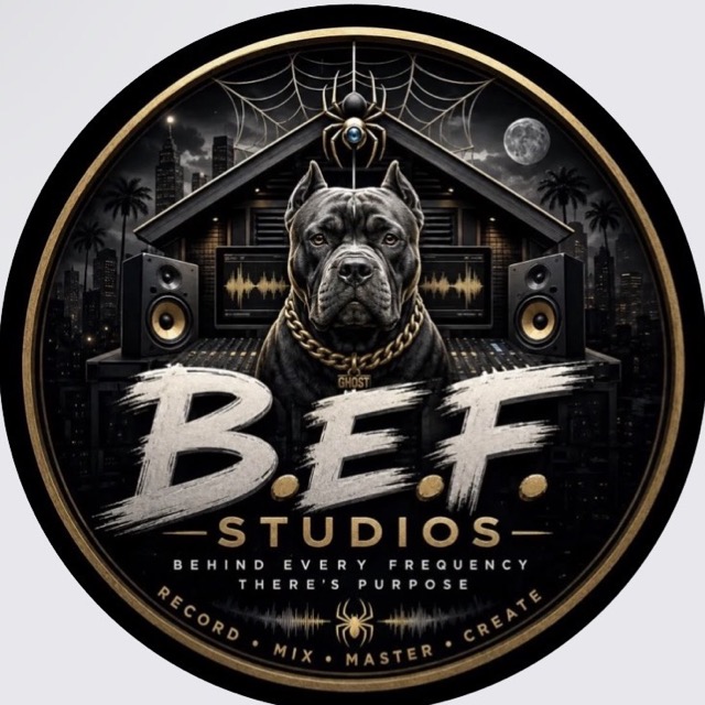 B.E.F. Studios logo: a dog in front of a studio desk with speakers. Record, Mix, Master, Create.